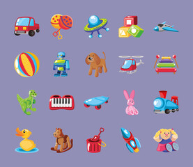 set of icons kids toy on purple background