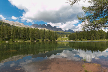 View of San Pellegrino lake in San Pellegrino pass: a high mountain pass in the Italian Dolomites, Trentino, Europe