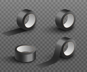 Realistic black adhesive tape roll mockup set from different sides