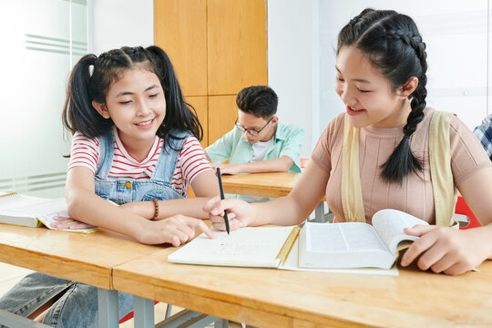 Smiling Asian teenage girl helping classmate with doing school project