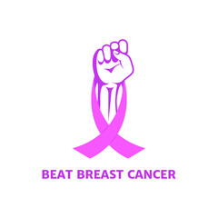 A fist with a pink ribbon, a symbol of victory over breast cancer. Vector icon isolated on white background, flat design, eps 10.