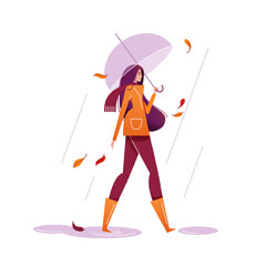 Obraz premium Young woman is walking under an umbrella in the rain. The girl is wearing in the coat and rubber boots. Lifestyle in autumn concept, rainy weather. Character in modern flat design, vector illustration