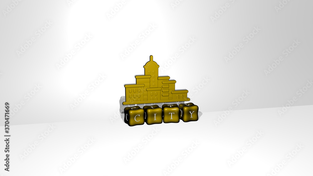 Poster 3d representation of city with icon on the wall and text arranged by metallic cubic letters on a mir