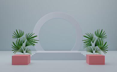 Podium empty with geometric shapes in gray pastel composition for modern stage display and minimalist mockup ,abstract showcase background ,Concept 3d illustration or 3d render