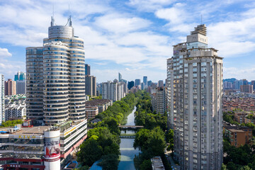 aerial view of hangzhou city skyline in a sunny day