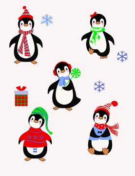 Set of Christmas illustraions with penguins in different poses and clothes. 