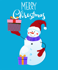 Merry Christmas and Happy New Year. Cheerful snowman with gifts and in a Santa hat on a blue background with the inscription. Seasonal greetings. Flat winter illustration.