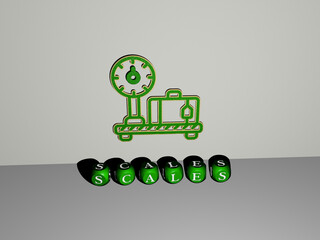3D representation of scales with icon on the wall and text arranged by metallic cubic letters on a mirror floor for concept meaning and slideshow presentation. illustration and background