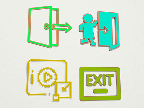 EXIT 4 icons set. 3D illustration. background and door