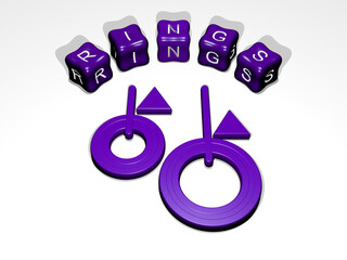 3D graphical image of RINGS vertically along with text built around the icon by metallic cubic letters from the top perspective, excellent for the concept presentation and slideshows. background