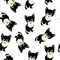 Seamless pattern with black cats on white background.Cute little kitten.Vector
