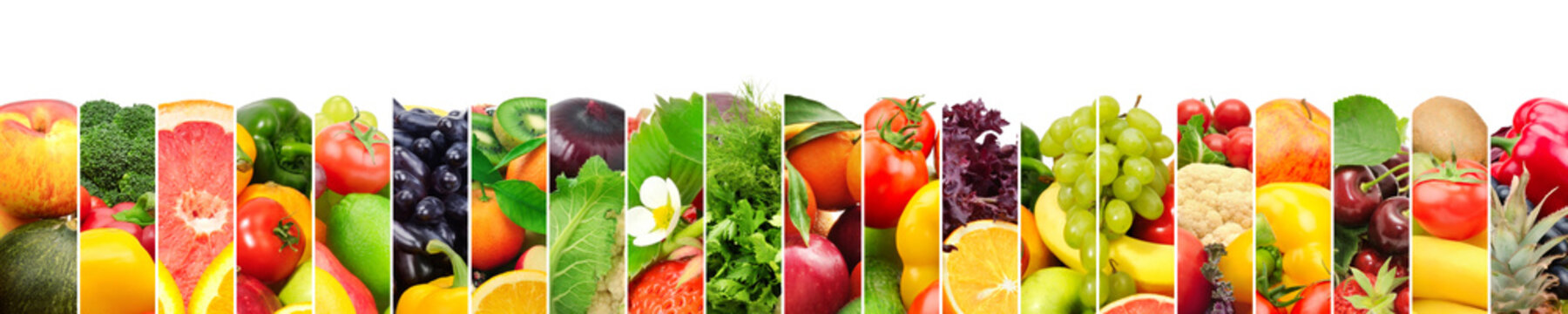 Panoramic image healthy fruits and vegetables in vertical strip isolated on white background.