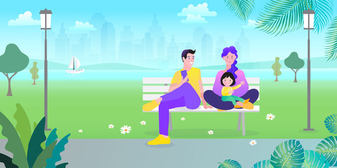 Happy young family - parents, daughters sitting in the park. Illustration.