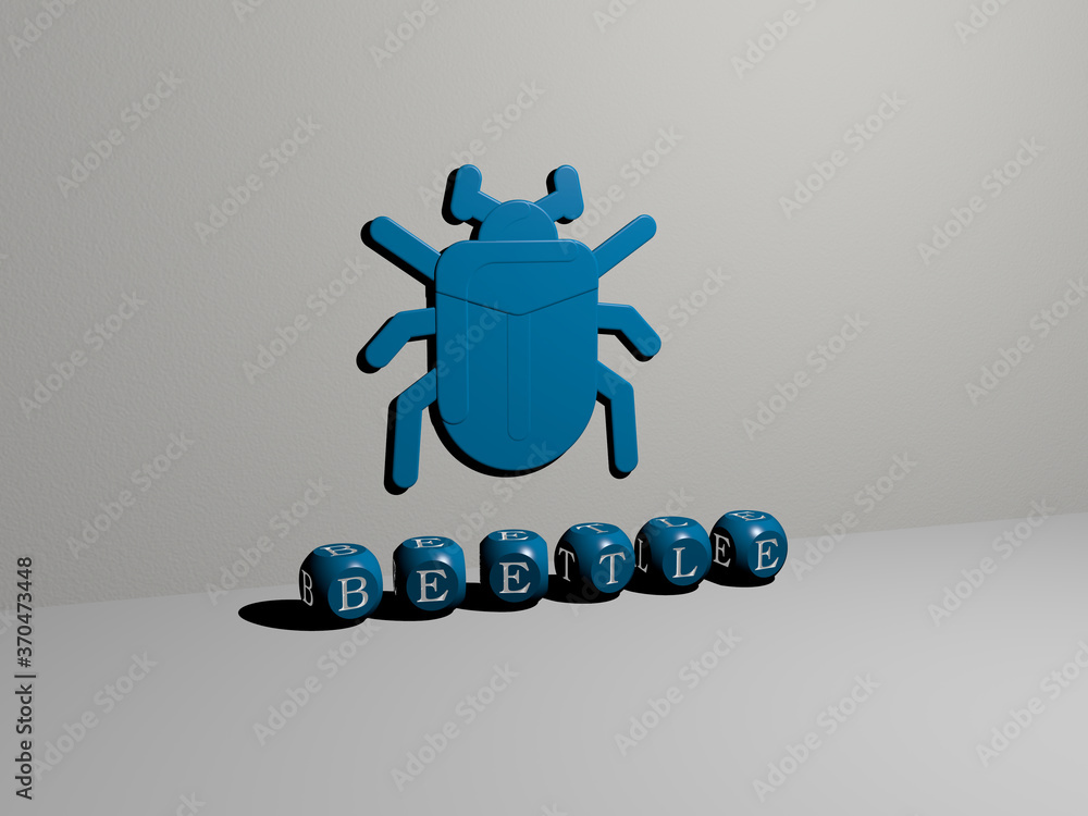 Poster beetle 3d icon on the wall and text of cubic alphabets on the floor. 3d illustration. bug and backgr