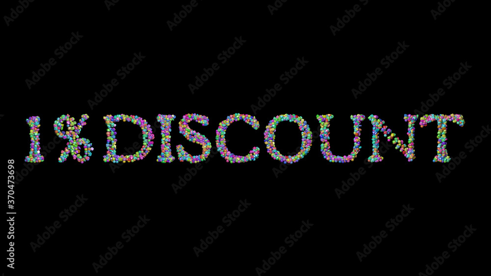 Poster % discount written in 3d illustration by colorful small objects casting shadow on a black background