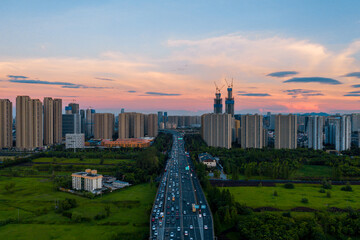 aerial view of hangzhou city skyline at night
