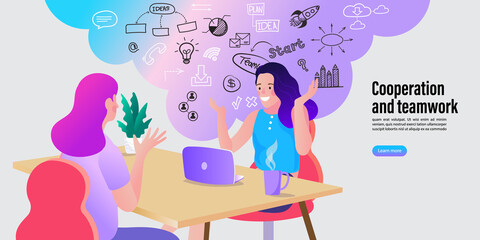 Businesswomen meeting on the desk. The employee tells the boss about business ideas. Business meeting in office at conference table with talking. Vector.