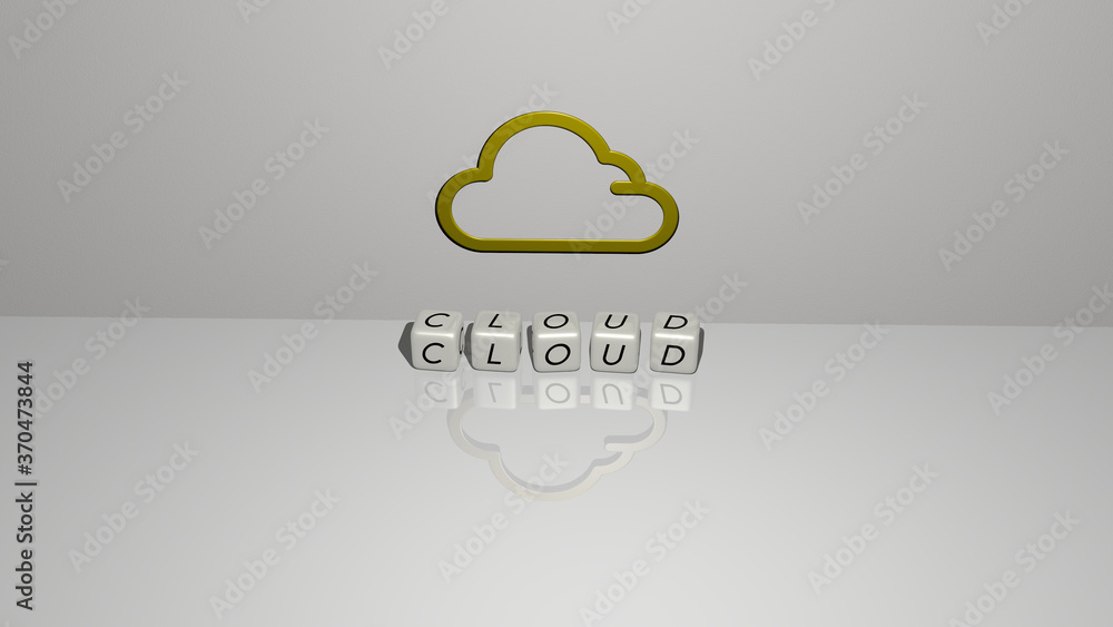 Aufkleber cloud text of cubic dice letters on the floor and 3d icon on the wall. 3d illustration. background a