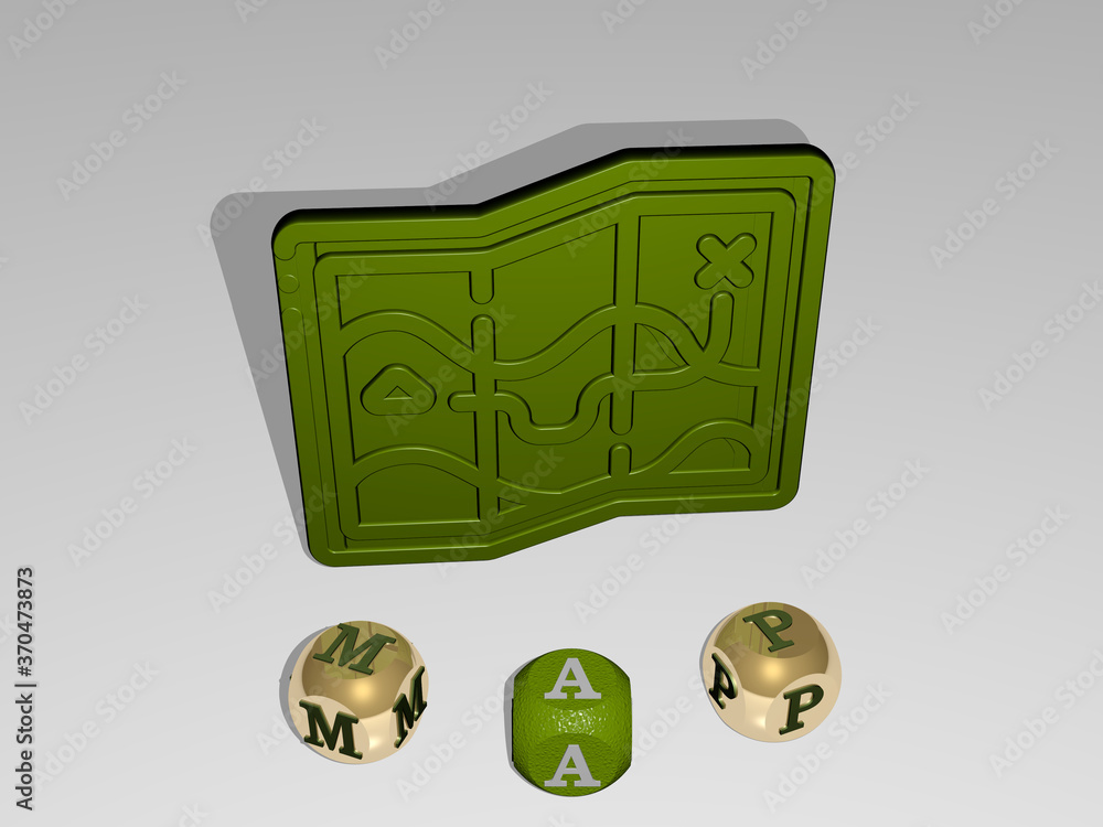 Poster map round text of cubic letters around 3d icon. 3d illustration. background and abstract