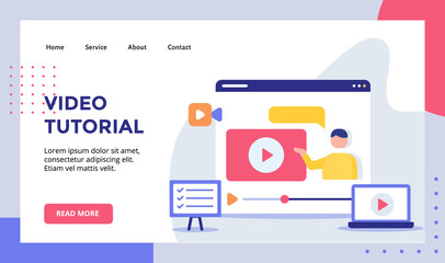 Video tutorial man on video playing campaign for web website home homepage landing page template banner with modern flat style.