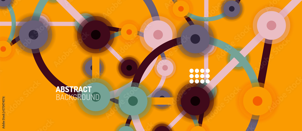 Poster flat style geometric abstract background, round dots or circle connections on color background. tech