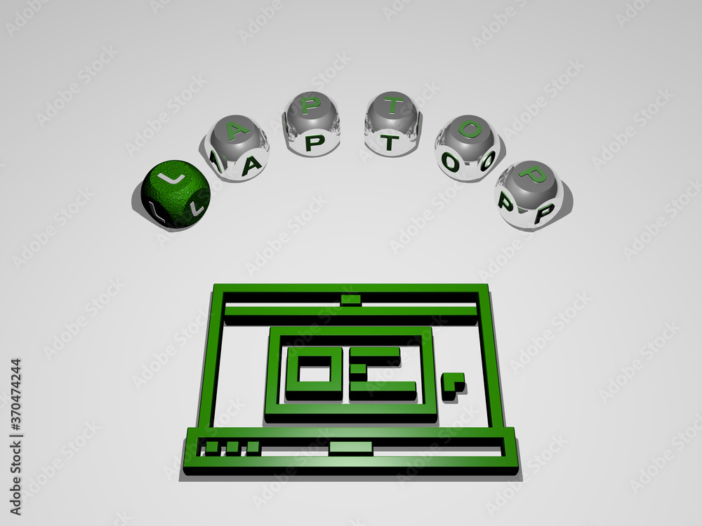 Poster laptop circular text of separate letters around the 3d icon. 3d illustration. computer and business