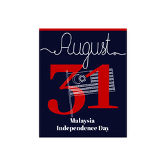 Calendar sheet, vector illustration on the theme of Malaysia Independence Day on August 31. Decorated with a handwritten inscription AUGUST and outline Malaysia flag.