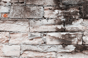 Abstract background old white brick wall with cracks and scratches. Landscape style. Great background or texture.