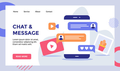 Chat message chat text video picture campaign for web website home homepage landing page template banner with modern flat style