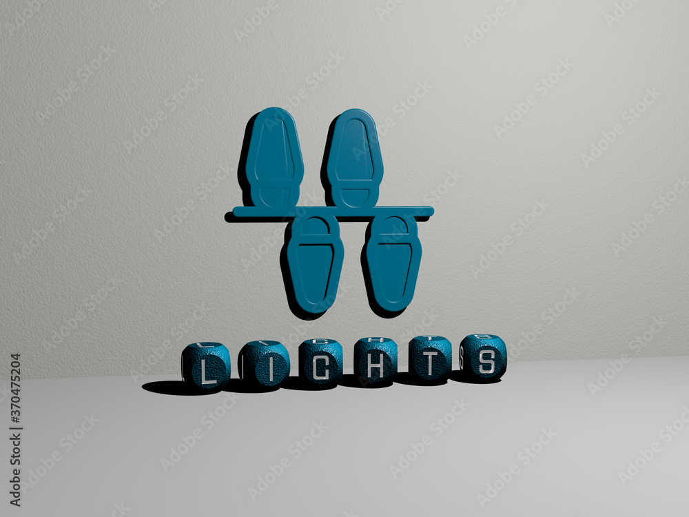 Poster lights 3d icon on the wall and text of cubic alphabets on the floor. 3d illustration. background and
