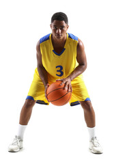 Young African-American basketball player on white background