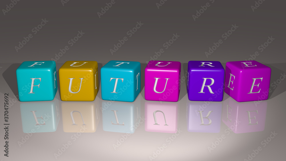 Poster future combined by dice letters and color crossing for the related meanings of the concept. illustra