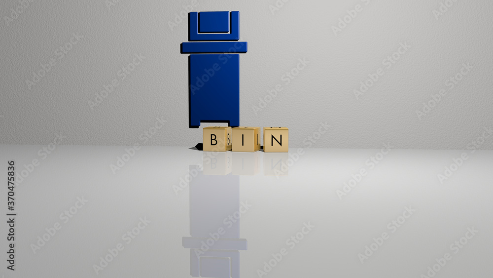 Poster bin text of cubic dice letters on the floor and 3d icon on the wall. 3d illustration. garbage and ba