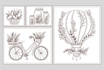 Collection of vector illustrations with hand drawn decoration elements, plants, herbs, branches, hot air balloon, bicycle isolated on grey background