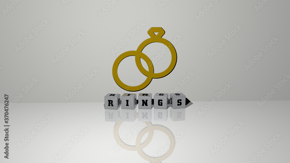 Poster rings text of cubic dice letters on the floor and 3d icon on the wall. 3d illustration. background a