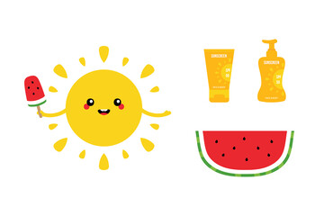 Set, collection of colorful cartoon icons for summer design. Cute smiling sun character with watermelon popsicle, slice of watermelon and bottles of sunscreen cream.