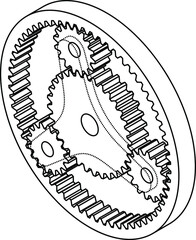 A planetary gear system with a central sun gear, three planets gears, and an encompassing ring gear. Line art.