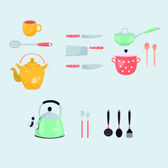 modern various kitchen tools icon set