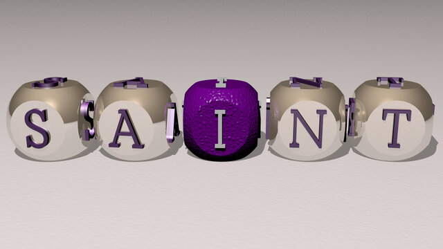 SAINT text by cubic dice letters. 3D illustration. church and architecture