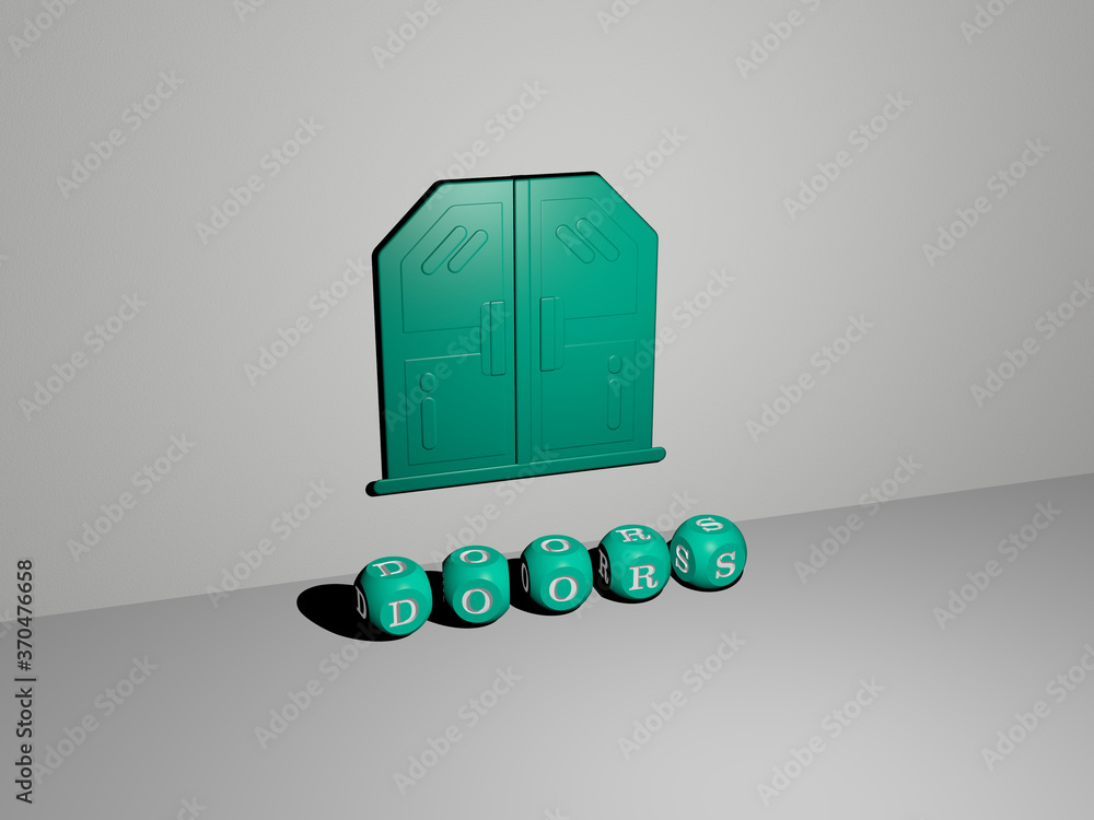 Poster doors 3d icon on the wall and text of cubic alphabets on the floor. 3d illustration. architecture an