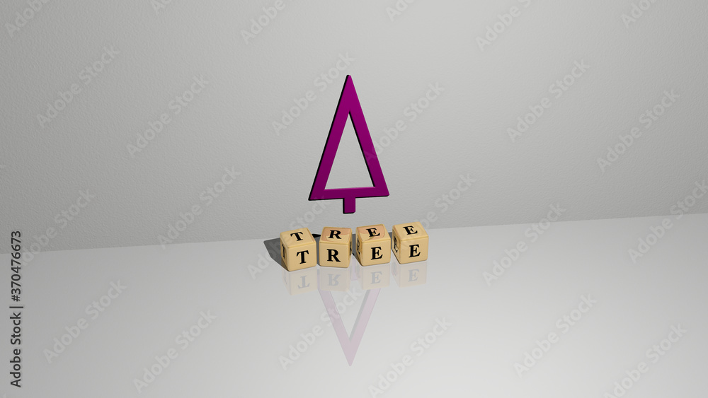 Poster tree text of cubic dice letters on the floor and 3d icon on the wall. 3d illustration. background an
