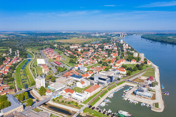 Aerial view of the city of Vukovar and Danube river, Slavonia and Srijem regions of Croatia
