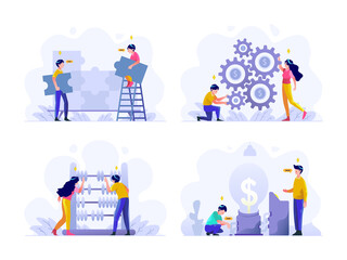 Business and finance Vector Illustration flat gradient design style, puzzle, problem solving, teamwork, money management setting, abacus, calculation, idea