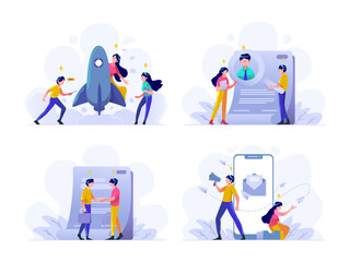 Business and finance Vector Illustration flat gradient design style, startup, worker search, contract agreement, megaphone, internet social media marketing