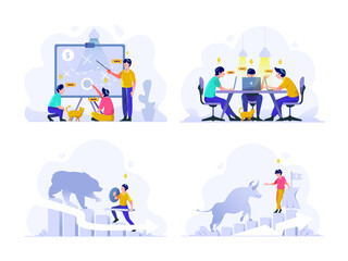 Fototapeta premium Business and finance Vector Illustration flat gradient design style, strategic planning, discussion of meeting, bear market, bull trend