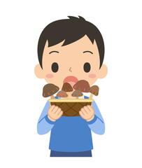 おいしそうな野菜を持っている男の子　子ども　きのこ　イラスト