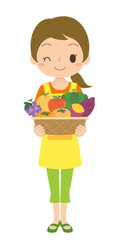おいしそうな野菜や果物を持っているお母さん　さつまいも　かぼちゃ　りんご　梨 ぶどう 柿 イラスト