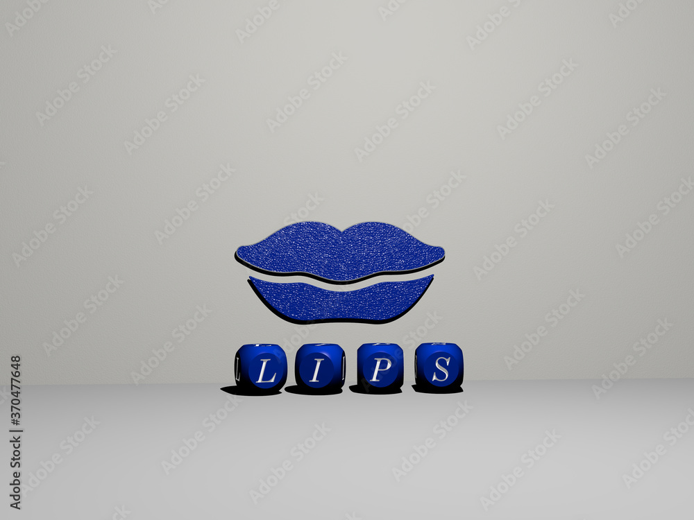 Poster 3d graphical image of lips vertically along with text built by metallic cubic letters from the top p