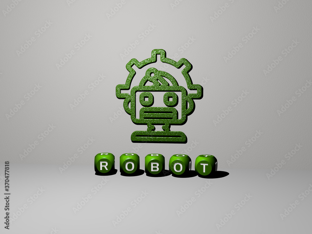 Poster 3d representation of robot with icon on the wall and text arranged by metallic cubic letters on a mi