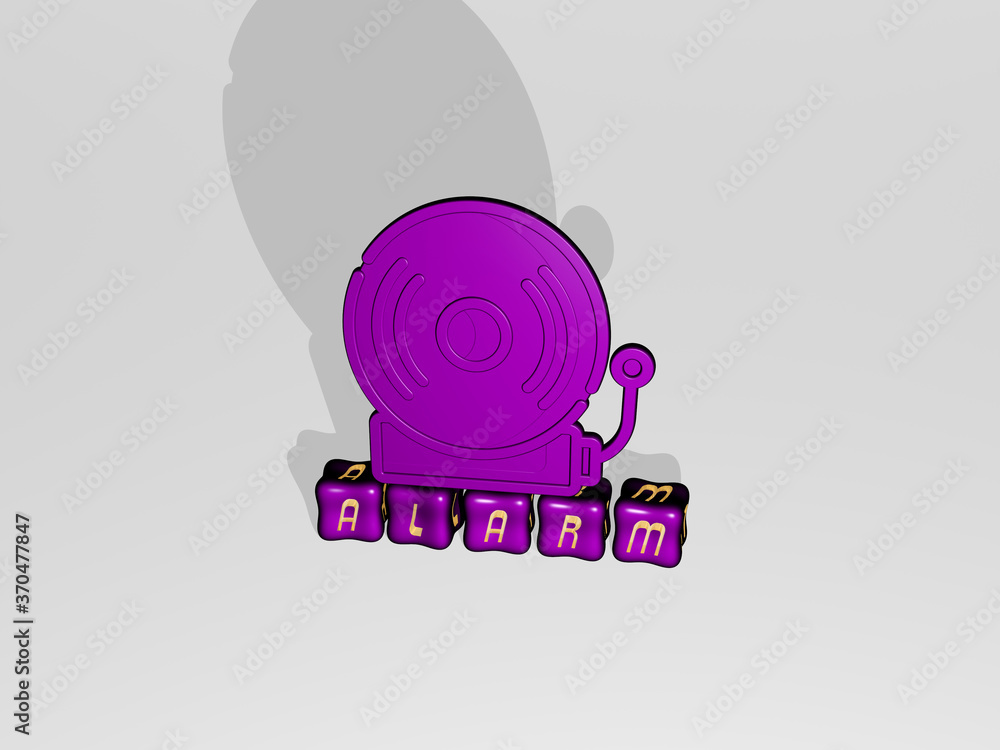 Poster alarm 3d icon object on text of cubic letters. 3d illustration. clock and background